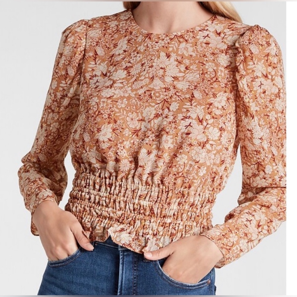 Express Metallic Floral Crewneck Puff Sleeve Top